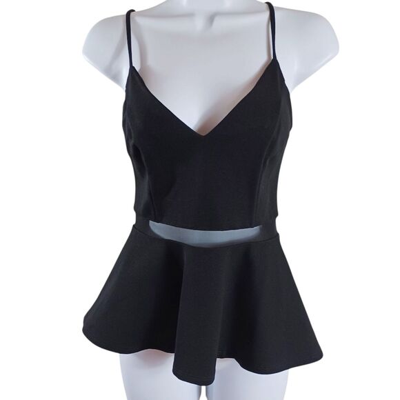 Lulus Black Peplum Mesh Waist Spaghetti Strap Top Sz S USA Sexy Cocktail Blouse - Picture 2 of 9